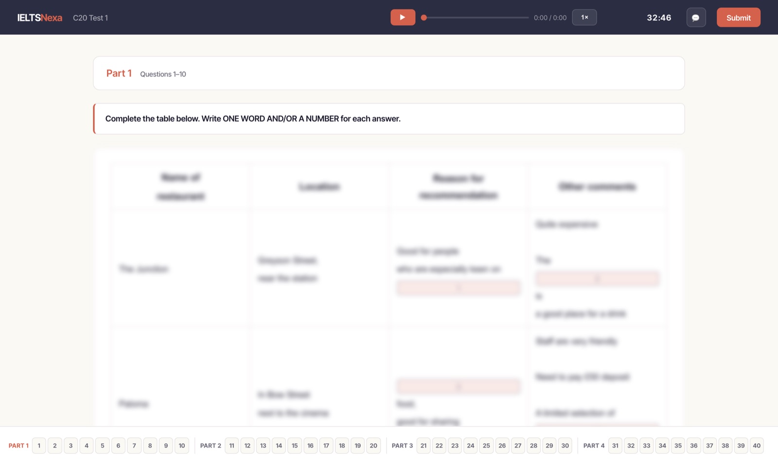 IELTSNexa Listening practice runner: audio player with playback speed control, countdown timer, table-completion answer fields, and a Part 1 to Part 4 question navigator