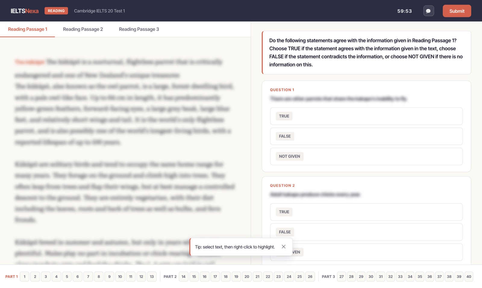 IELTSNexa Reading practice runner: passage on the left, questions on the right, countdown timer, and a numbered question navigator for all 40 questions